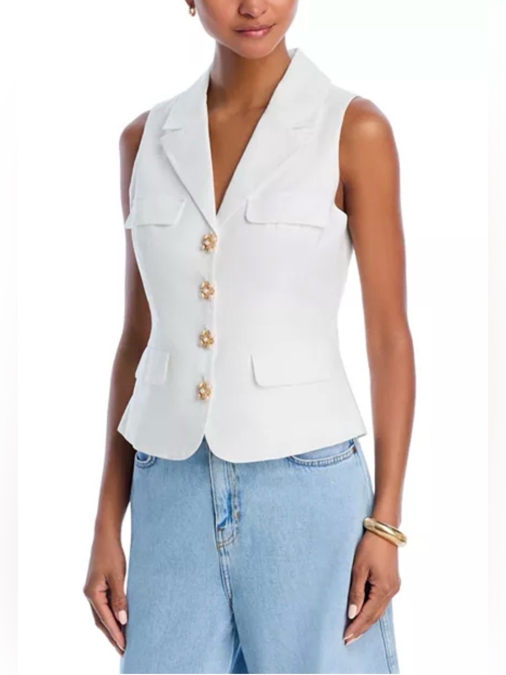 Aqua Cream Sleeveless Blazer Vest with Gold Floral Buttons